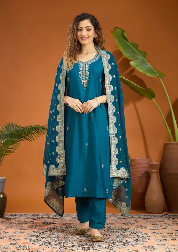 Peacock_Blue_Threadwork_Chanderi_Readymade_Salwar_Suit