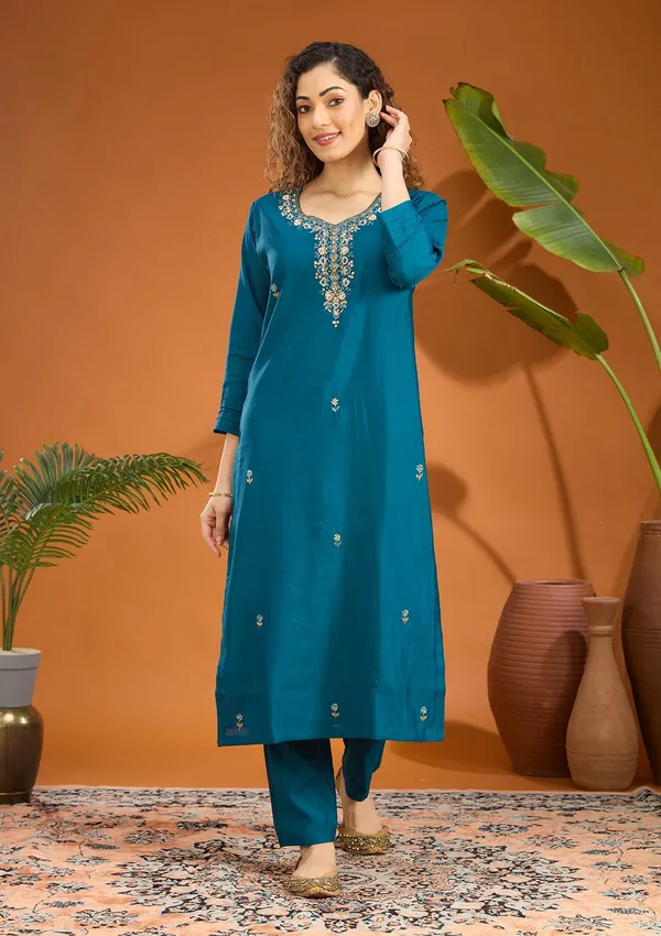 Peacock_Blue_Threadwork_Chanderi_Readymade_Salwar_Suit