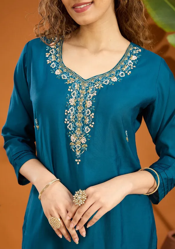 Peacock_Blue_Threadwork_Chanderi_Readymade_Salwar_Suit
