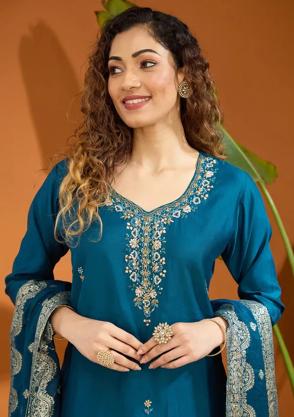 Peacock_Blue_Threadwork_Chanderi_Readymade_Salwar_Suit