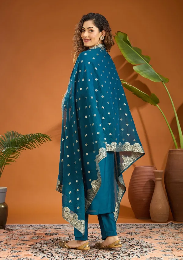 Peacock_Blue_Threadwork_Chanderi_Readymade_Salwar_Suit