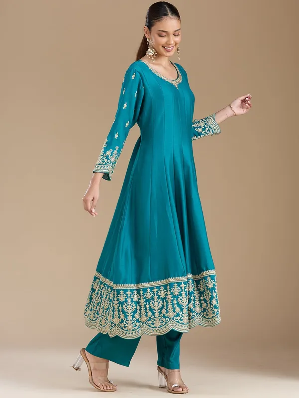 Turquoise_Blue_Zariwork_Soft_Raw_Silk_Readymade_Salwar_Suit