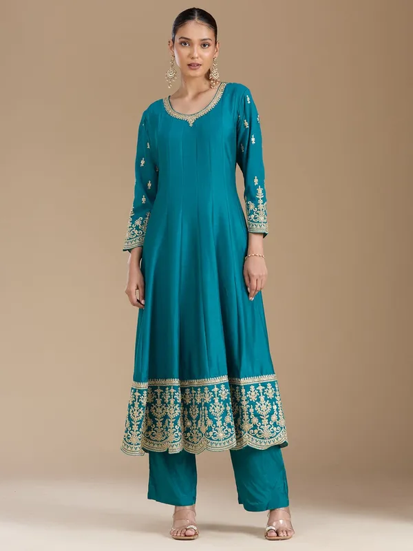 Turquoise_Blue_Zariwork_Soft_Raw_Silk_Readymade_Salwar_Suit