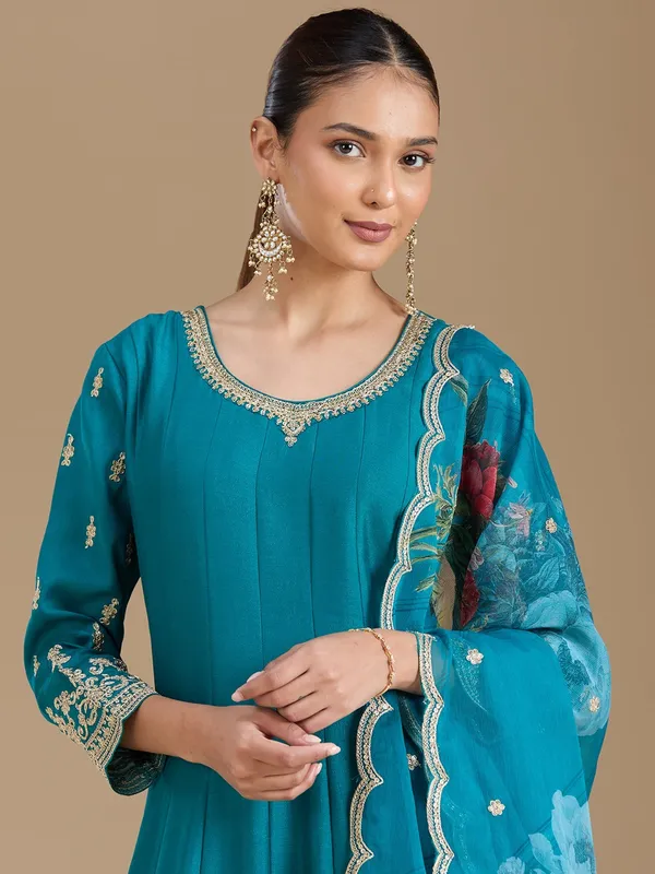 Turquoise_Blue_Zariwork_Soft_Raw_Silk_Readymade_Salwar_Suit