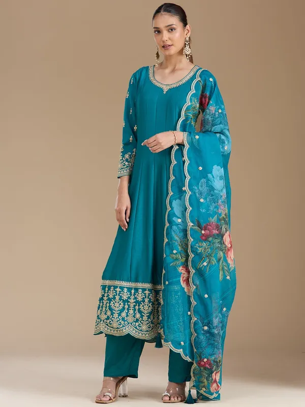 Turquoise_Blue_Zariwork_Soft_Raw_Silk_Readymade_Salwar_Suit