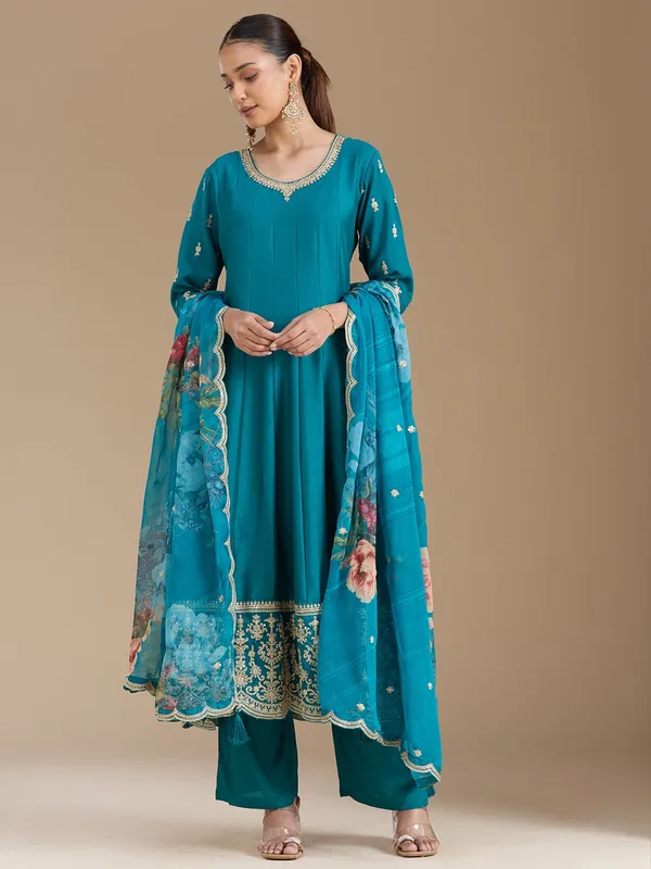 Turquoise_Blue_Zariwork_Soft_Raw_Silk_Readymade_Salwar_Suit