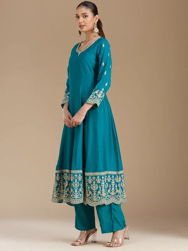 Turquoise_Blue_Zariwork_Soft_Raw_Silk_Readymade_Salwar_Suit