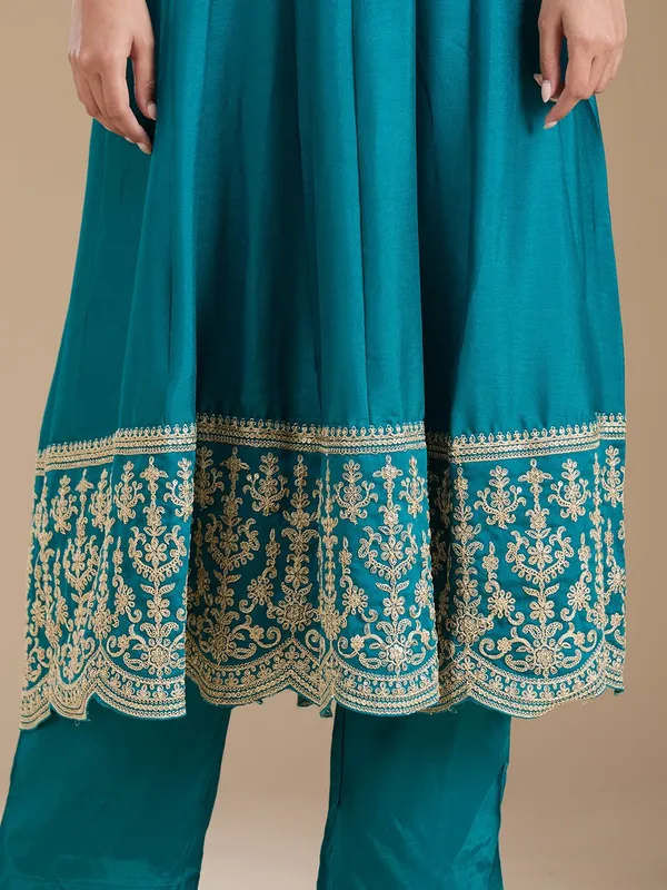 Turquoise_Blue_Zariwork_Soft_Raw_Silk_Readymade_Salwar_Suit