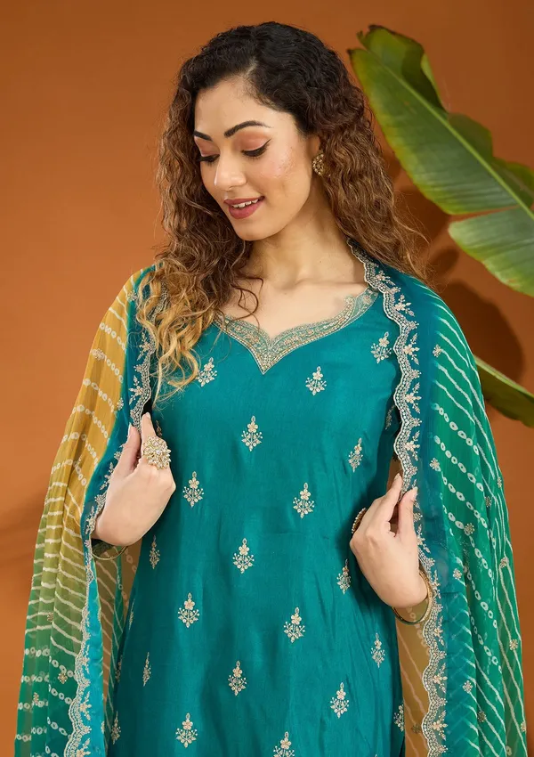 Peacock_Green_Zariwork_Gold_Chinon_Readymade_Salwar_Suit