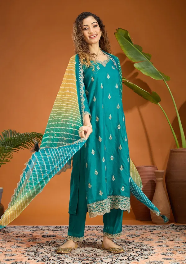 Peacock_Green_Zariwork_Gold_Chinon_Readymade_Salwar_Suit