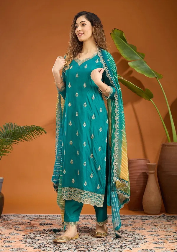 Peacock_Green_Zariwork_Gold_Chinon_Readymade_Salwar_Suit
