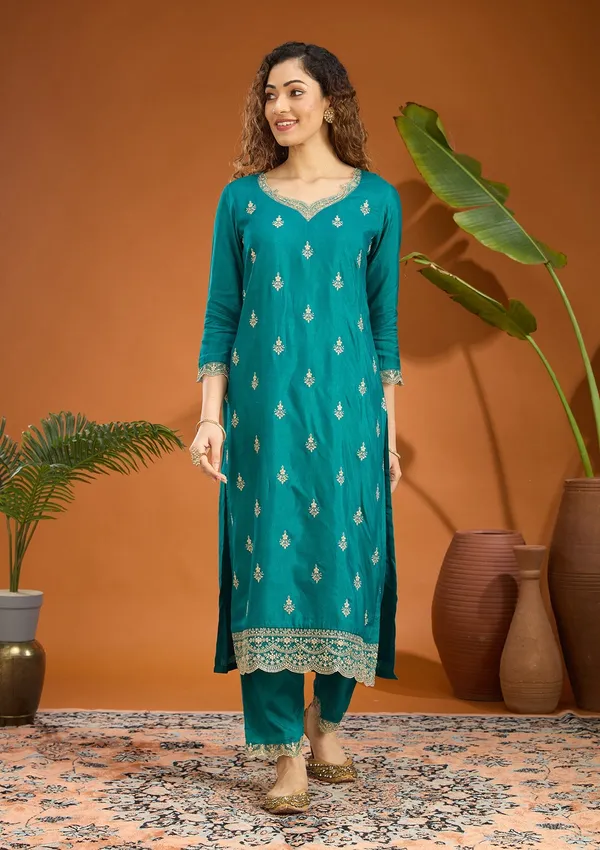 Peacock_Green_Zariwork_Gold_Chinon_Readymade_Salwar_Suit
