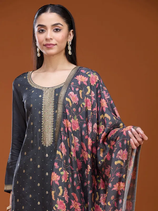 Dark_Grey_Stonework_Gold_Soft_Raw_Silk_Readymade_Salwar_Suit