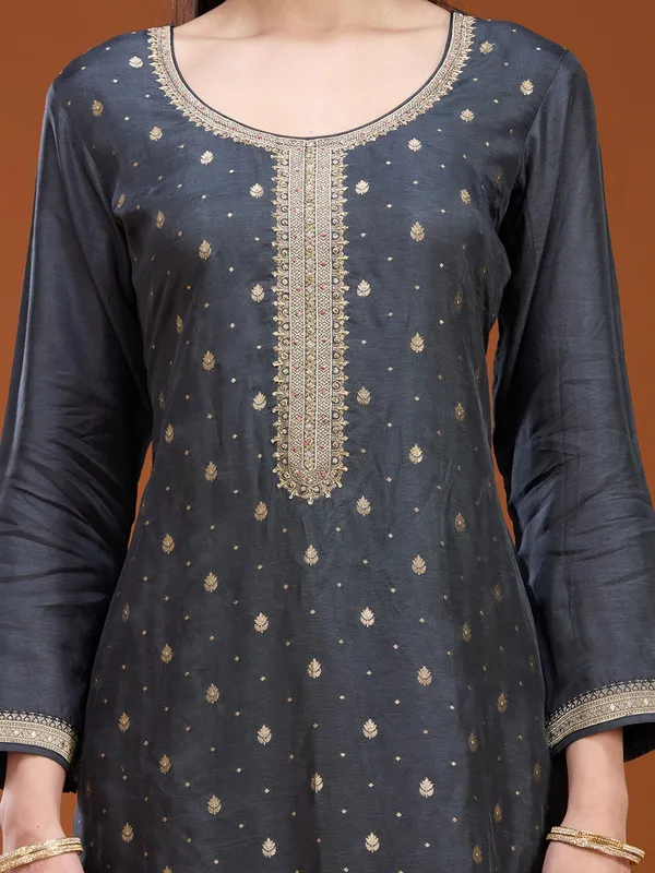 Dark_Grey_Stonework_Gold_Soft_Raw_Silk_Readymade_Salwar_Suit