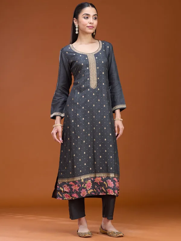 Dark_Grey_Stonework_Gold_Soft_Raw_Silk_Readymade_Salwar_Suit