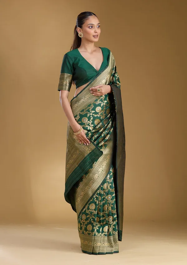 Bottle_Green_Zariwork_Gold_Art_Silk_Silk_Saree