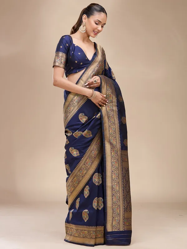 Navy_Blue_Zariwork_Art_Silk_Silk_Saree