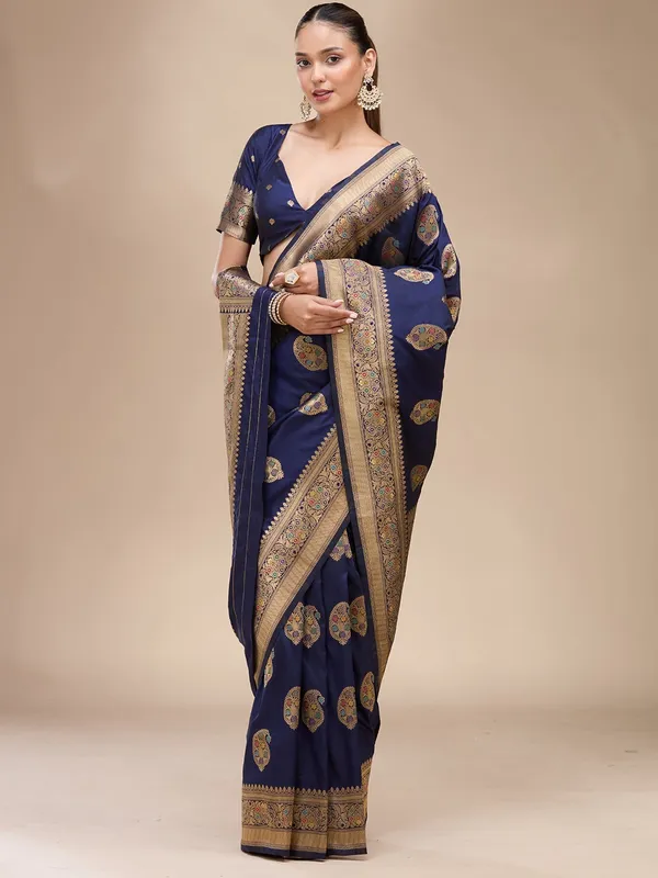 Navy_Blue_Zariwork_Art_Silk_Silk_Saree