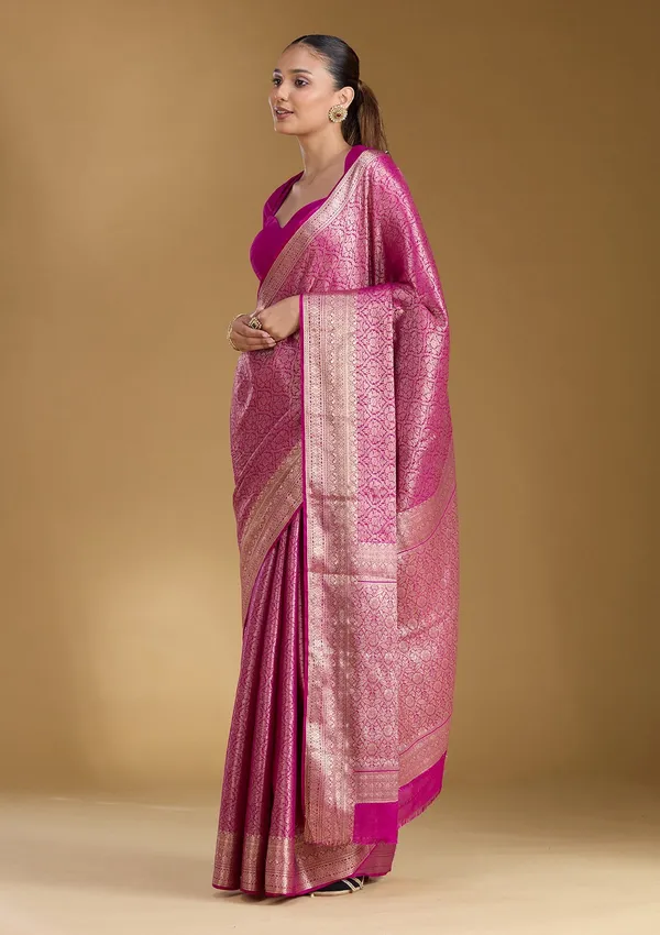 Magenta_Pink_Zariwork_Georgette_Silk_Saree