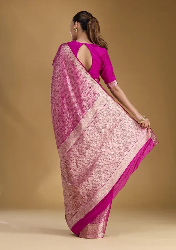 Magenta_Pink_Zariwork_Georgette_Silk_Saree