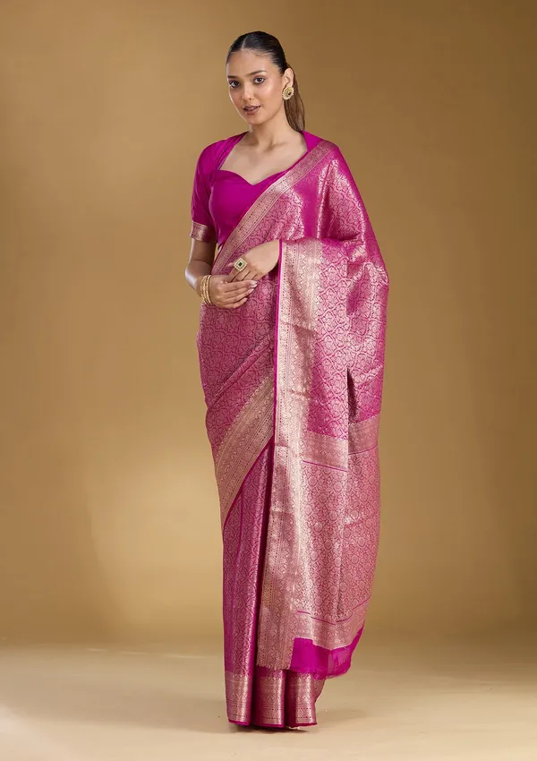 Magenta_Pink_Zariwork_Georgette_Silk_Saree