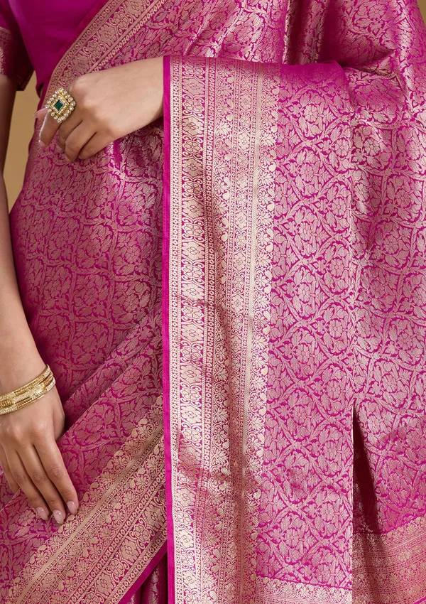 Magenta_Pink_Zariwork_Georgette_Silk_Saree
