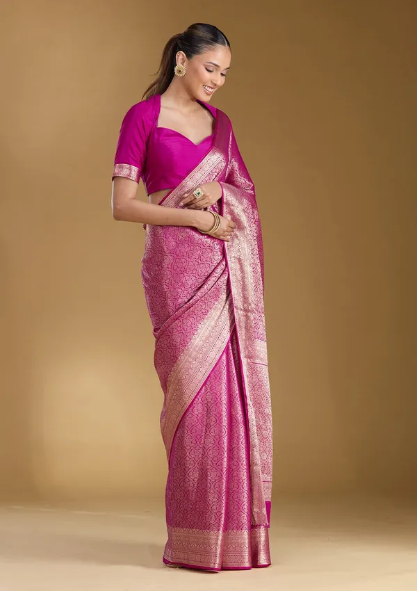 Magenta_Pink_Zariwork_Georgette_Silk_Saree