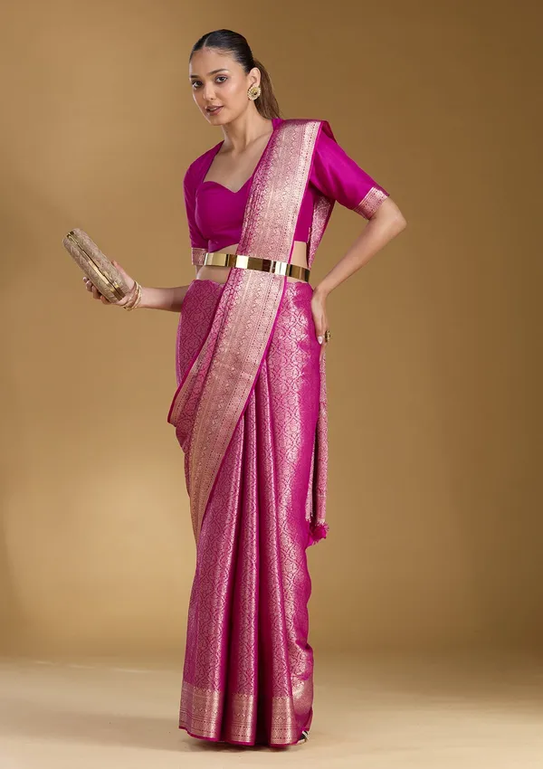 Magenta_Pink_Zariwork_Georgette_Silk_Saree