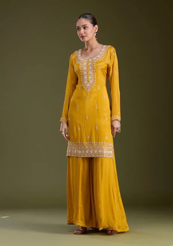 Mustard_Yellow_Sequins_Soft_Raw_Silk_Readymade_Salwar_Suit