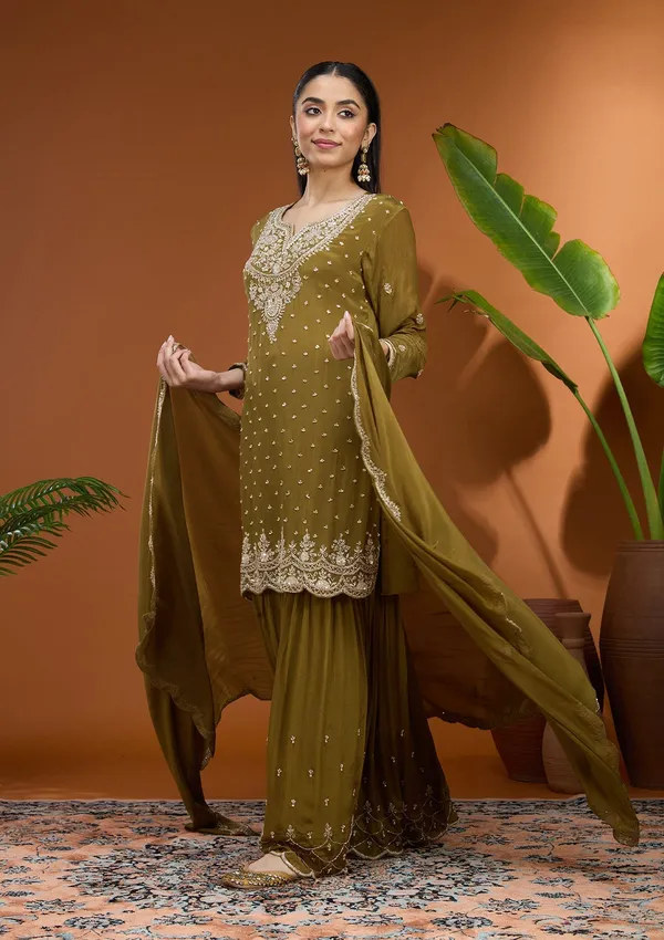 Mehandi_Green_Sequins_Soft_Raw_Silk_Readymade_Salwar_Suit