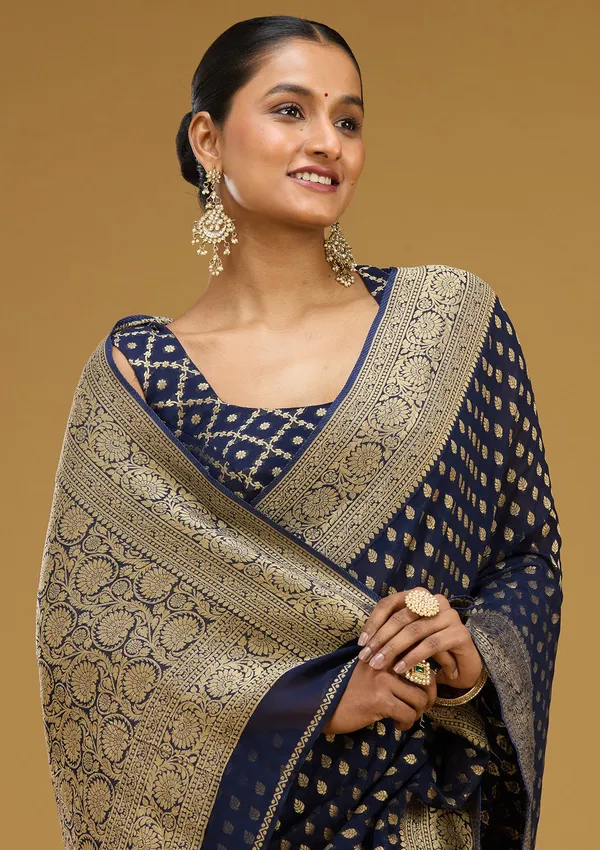 Navy_Blue_Zariwork_Georgette_Silk_Saree