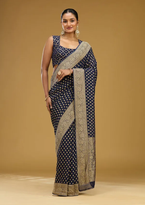Navy_Blue_Zariwork_Georgette_Silk_Saree