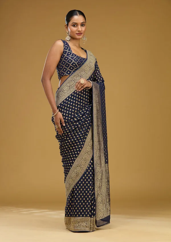 Navy_Blue_Zariwork_Georgette_Silk_Saree