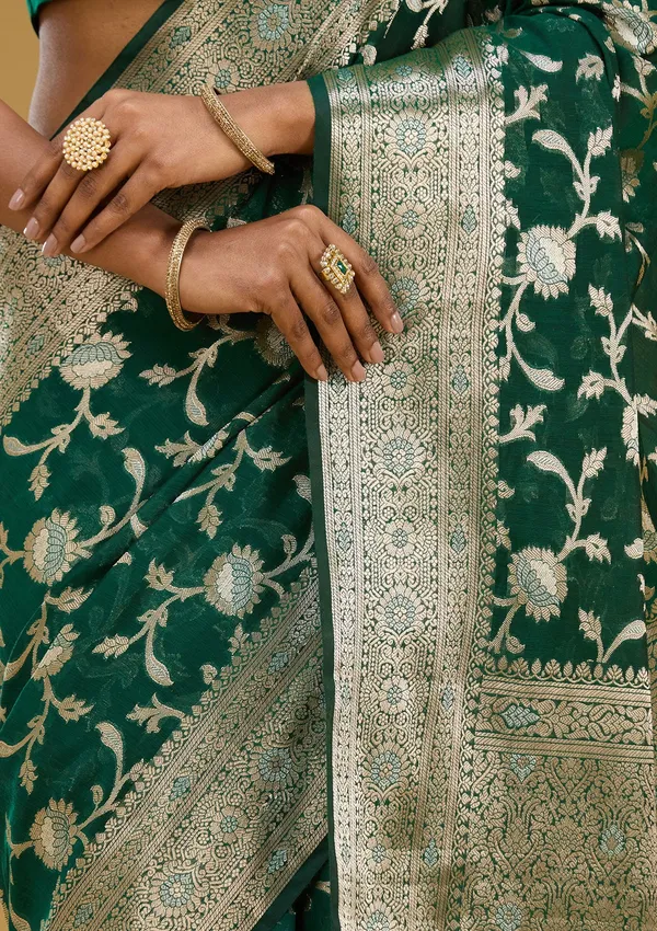 Bottle_Green_Zariwork_Art_Silk_Silk_Saree