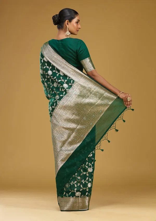 Bottle_Green_Zariwork_Art_Silk_Silk_Saree