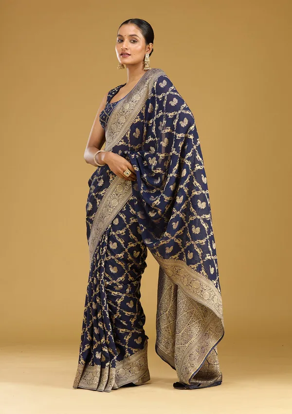 Navy_Blue_Zariwork_Satin_Silk_Saree