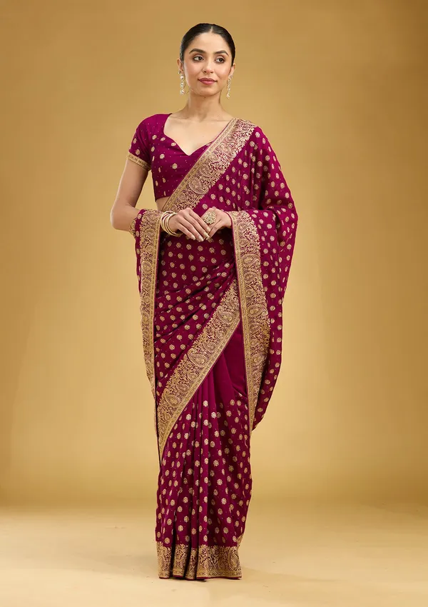Wine_Zariwork_Gold_Soft_Raw_Silk_Saree