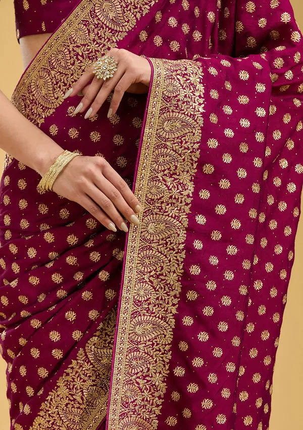 Wine_Zariwork_Gold_Soft_Raw_Silk_Saree