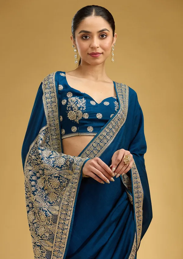 Peacock_Blue_Zariwork_Gold_Soft_Raw_Silk_Saree