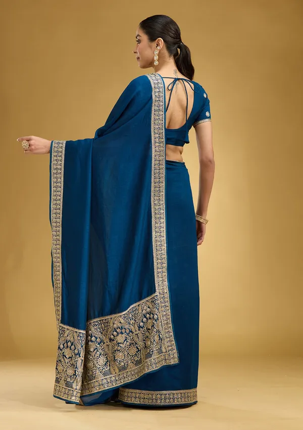 Peacock_Blue_Zariwork_Gold_Soft_Raw_Silk_Saree