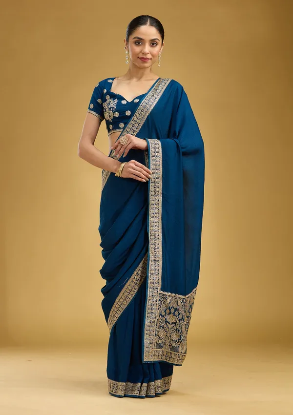 Peacock_Blue_Zariwork_Gold_Soft_Raw_Silk_Saree
