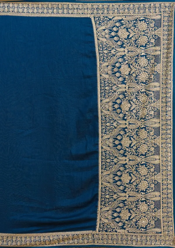 Peacock_Blue_Zariwork_Gold_Soft_Raw_Silk_Saree