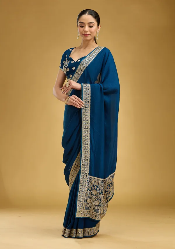 Peacock_Blue_Zariwork_Gold_Soft_Raw_Silk_Saree