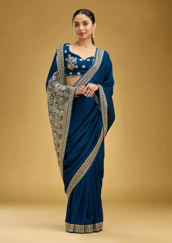 Peacock_Blue_Zariwork_Gold_Soft_Raw_Silk_Saree