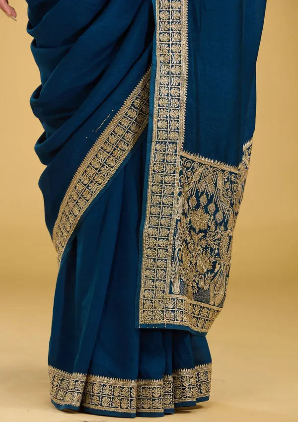 Peacock_Blue_Zariwork_Gold_Soft_Raw_Silk_Saree