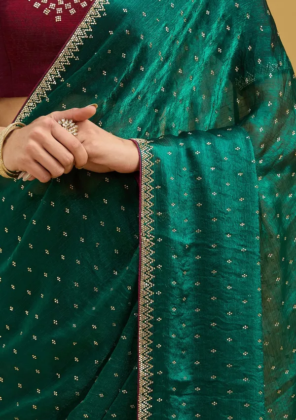 Peacock_Green_Stonework_Gold_Tissue_Saree