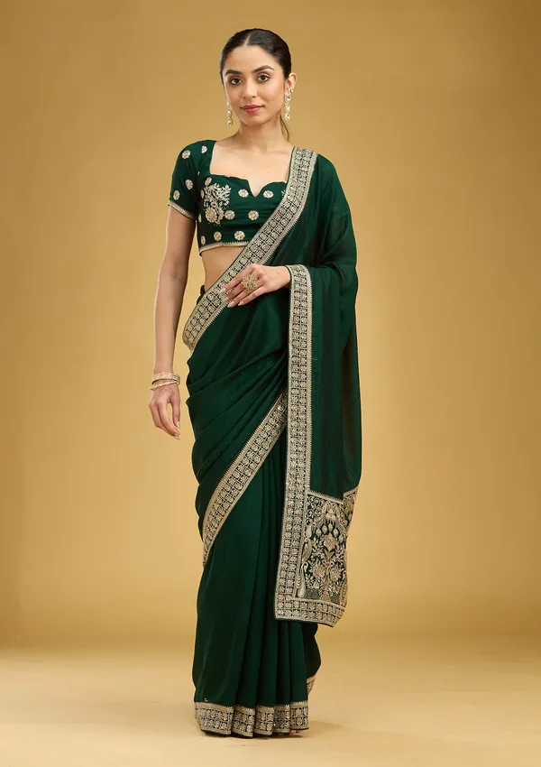 Bottle_Green_Zariwork_Gold_Soft_Raw_Silk_Saree