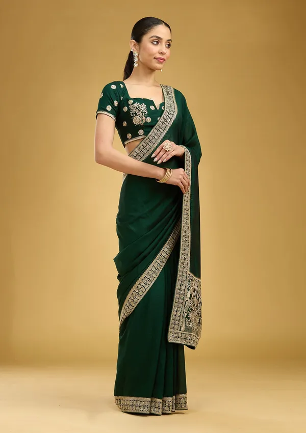 Bottle_Green_Zariwork_Gold_Soft_Raw_Silk_Saree