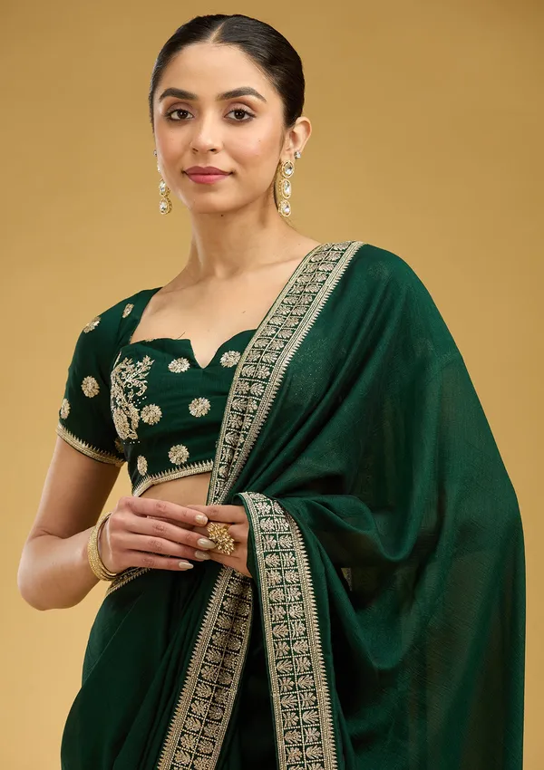 Bottle_Green_Zariwork_Gold_Soft_Raw_Silk_Saree