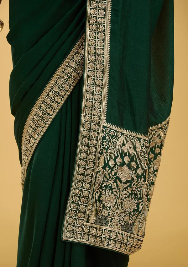 Bottle_Green_Zariwork_Gold_Soft_Raw_Silk_Saree